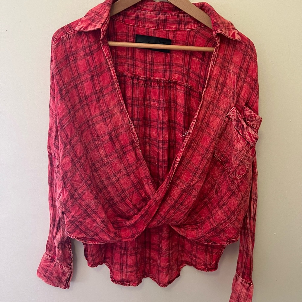 Red and Black Long Sleeve Wrap Button Down Shirt